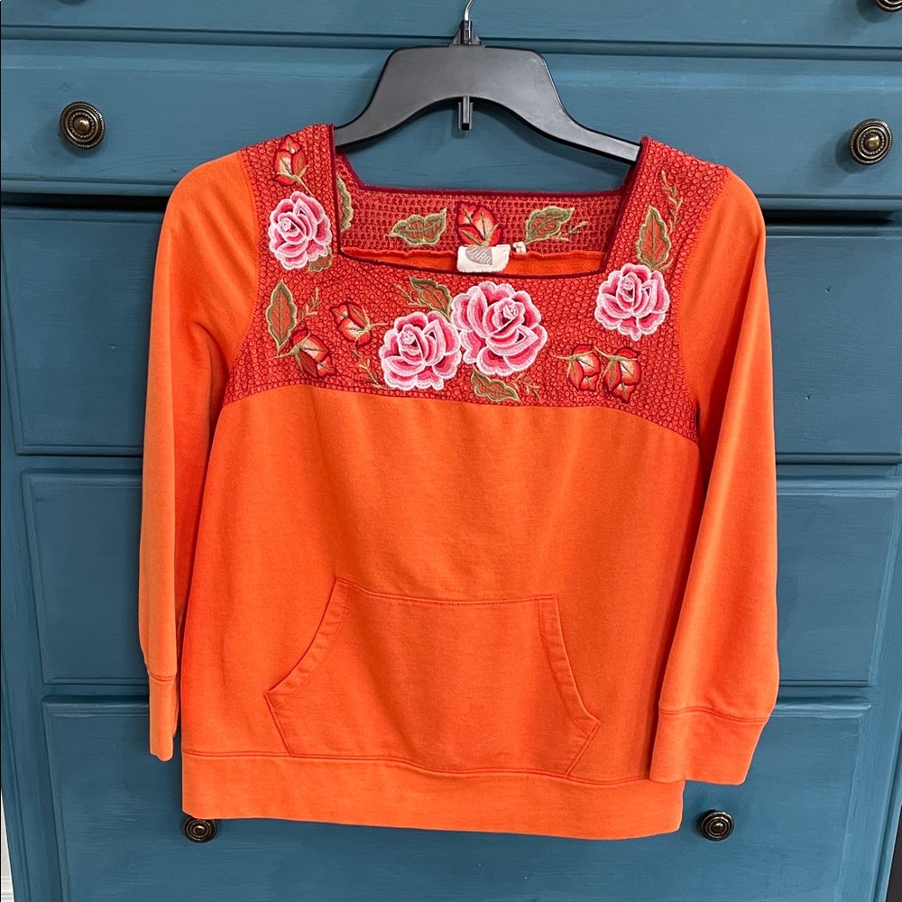 Anthropologie Orange Top with Floral Embroidery